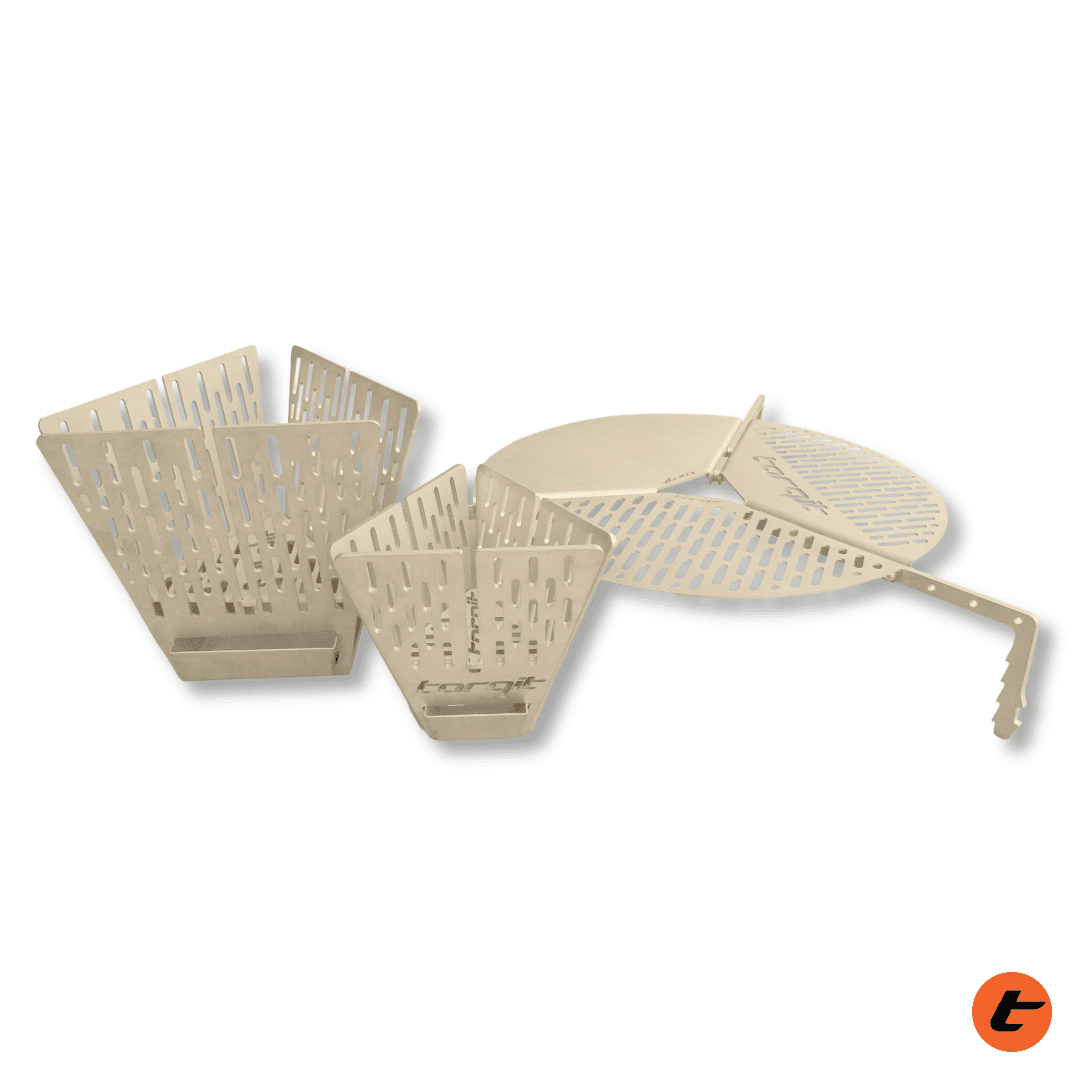 Torqit stainless steel fire pit variants with grill and flat pack design