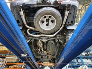 Underside view of Toyota LandCruiser 200 Series with Torqit twin-exit exhaust system