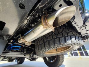 Close-up of Torqit twin-exit exhaust system fitted on Toyota LandCruiser 200 Series