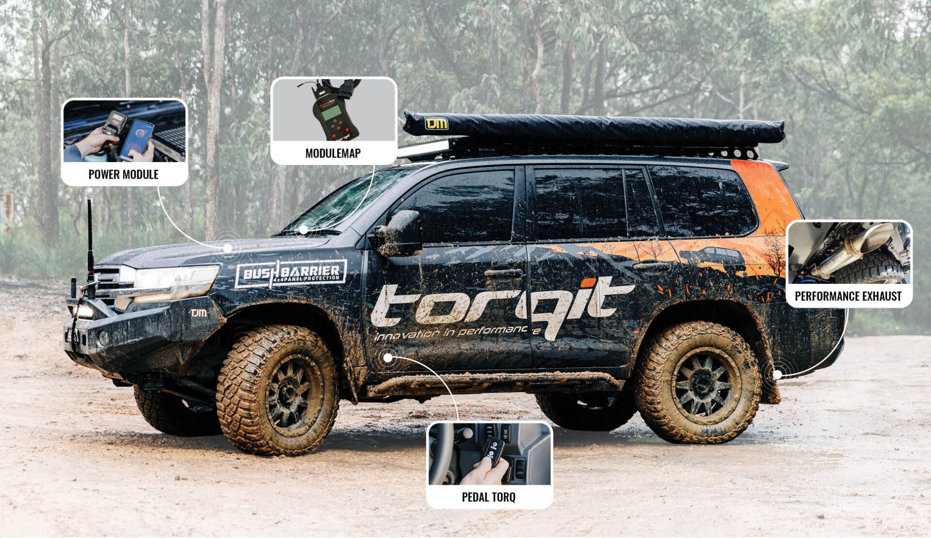 Toyota LandCruiser 200 Series with Torqit upgrades parked off-road featuring performance exhaust, Pedal Torq, Power Module, and ModuleMap.