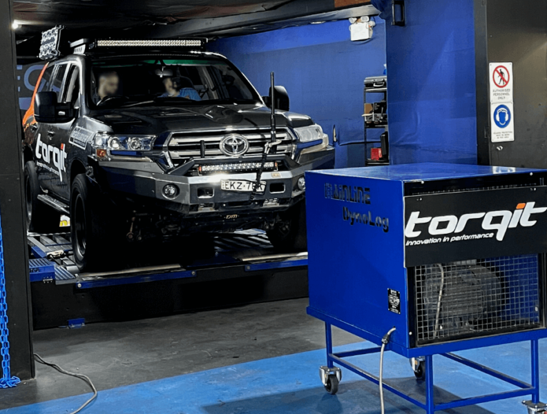 Toyota LandCruiser on dyno test with Torqit ModuleMap tuning equipment in workshop