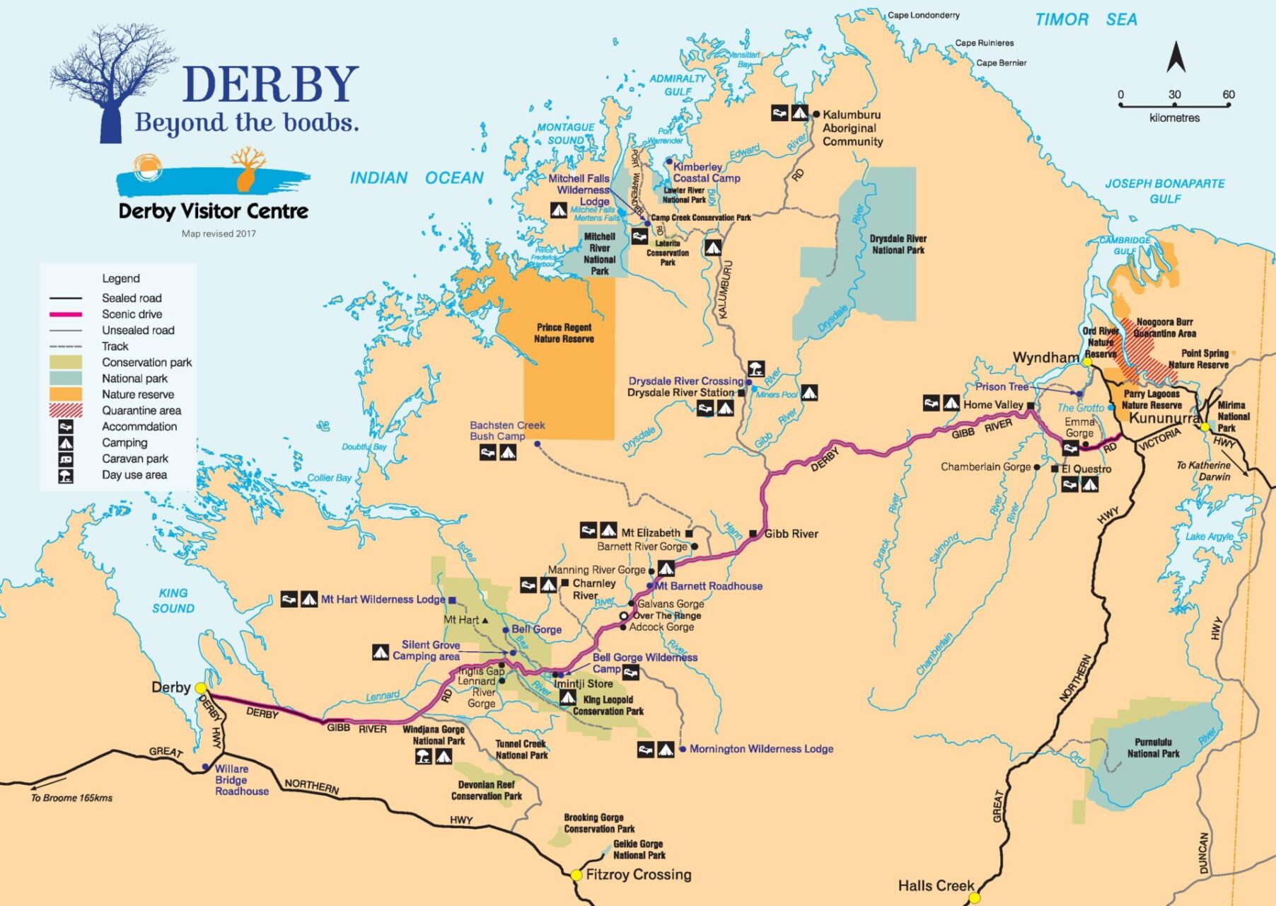 Map of Gibb River Road highlighting key stops, gorges, and parks in the Kimberley region