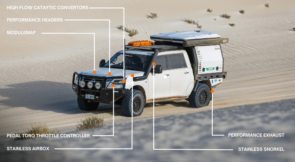 Nissan Patrol Y62 fitted with Torqit performance upgrades including snorkel, airbox, exhaust, headers, catalytic converters, ModuleMap, and throttle controller.